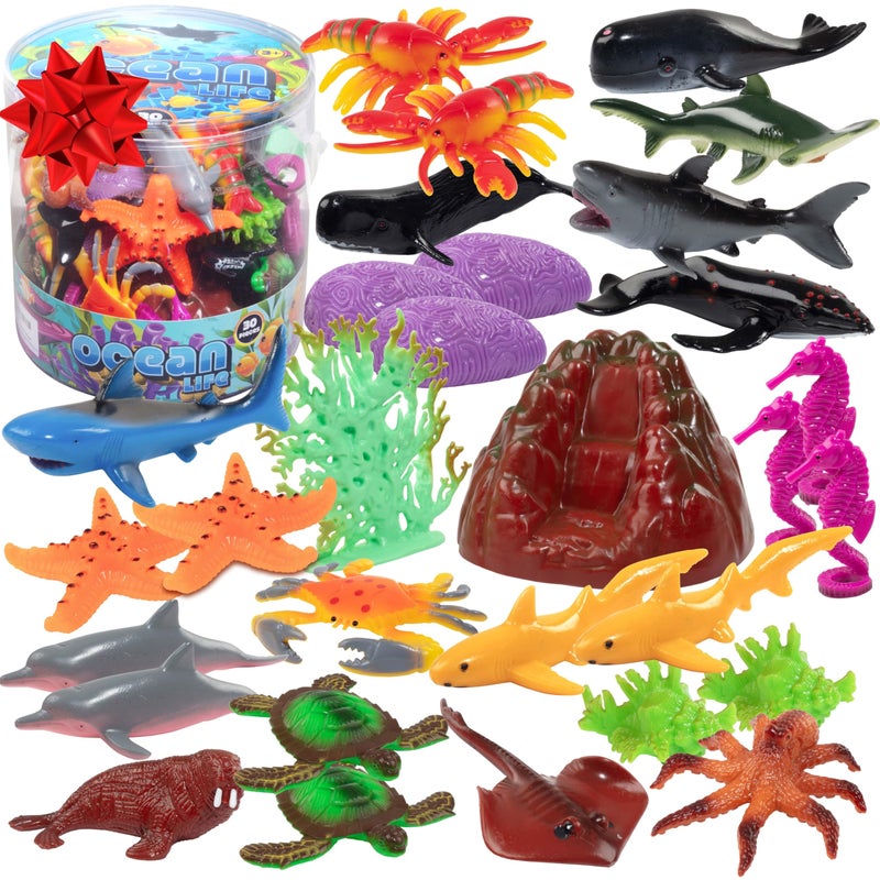 SCS Direct Ocean Animal Toy Figures Set 30PCS Marine Life Sea Creatures Playset with Sharks Dolphins Turtles Crabs More Kids Educational Toys Bath Toys Toddler Learning Party Favors w Storage Bucket - Image 2