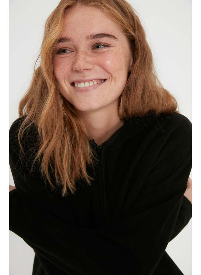 trendyol Black Thick Fleece Hooded and Zippered Oversized/Wide Knit Sweatshirt TWOAW22SW2063 - Image 2