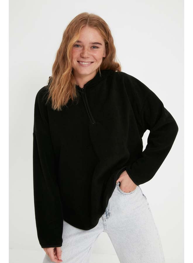 trendyol Black Thick Fleece Hooded and Zippered Oversized/Wide Knit Sweatshirt TWOAW22SW2063 - Image 1