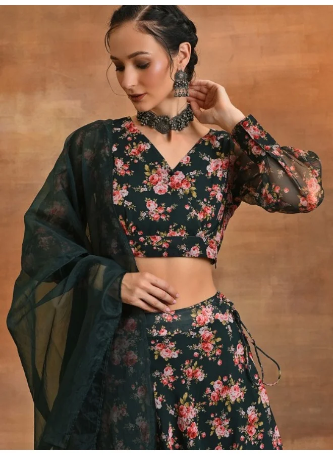 أيه كيه إس Dark Green & Red Floral Printed Lehenga Choli With Organza Dupatta