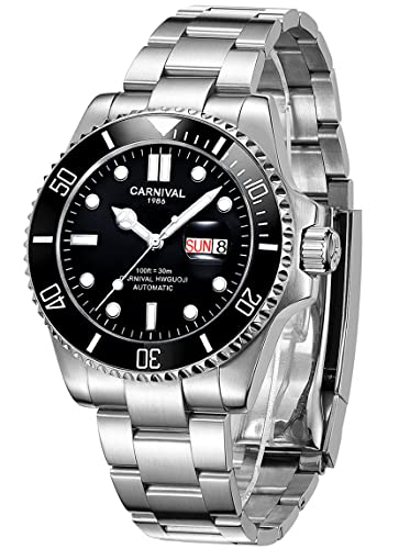 Carnival Mens Rotating Bezel Automatic Machine Stainless Steel Sapphire Glass Waterproof Black Watch Black dial - Image 1