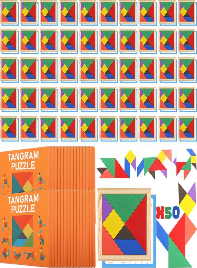 Dunzoom 50 Pack Tangram Puzzle Wooden Pack Bulk Kid Party Favors Stem Jigsaw Game Educational Shape Puzzle Toy Goodie Boxes Stuffers for Kids 4-8 Classroom Prize Reward Birthday (Vibrant Bright) - Image 1