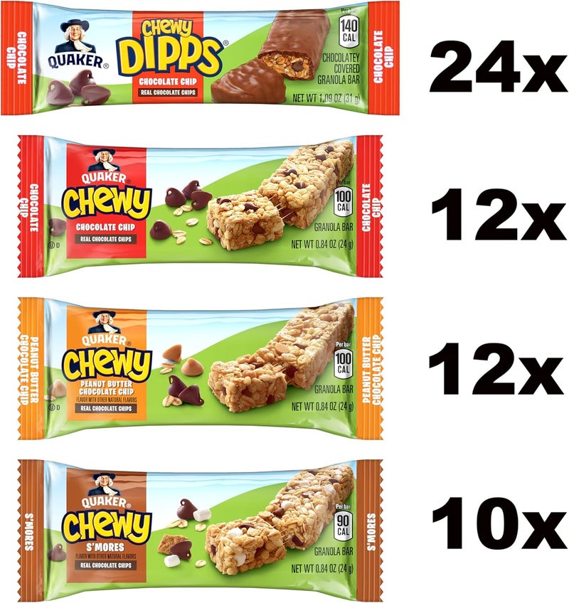 Quaker عبوة متنوعة من بار الغرانولا القابلة للمضغ من كويكر - 58 قطعة بنكهة رقائق الشوكولاتة، وزبدة الفول السوداني برقائق الشوكولاتة، وسمورز - Image 4