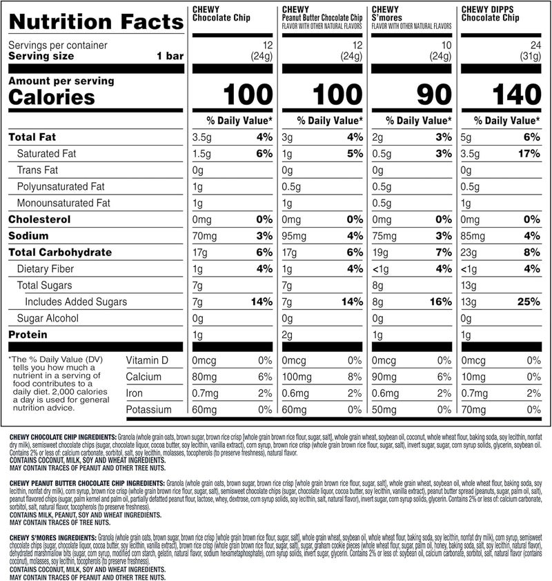 Quaker عبوة متنوعة من بار الغرانولا القابلة للمضغ من كويكر - 58 قطعة بنكهة رقائق الشوكولاتة، وزبدة الفول السوداني برقائق الشوكولاتة، وسمورز - Image 2