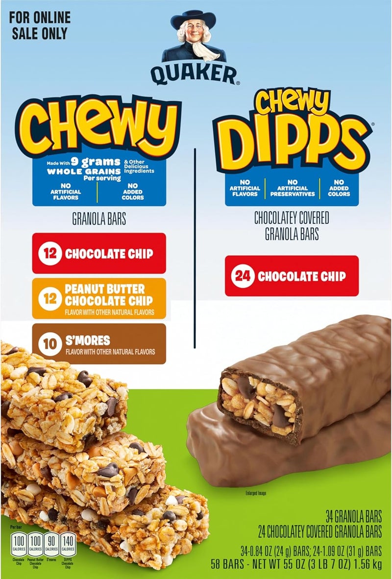Quaker عبوة متنوعة من بار الغرانولا القابلة للمضغ من كويكر - 58 قطعة بنكهة رقائق الشوكولاتة، وزبدة الفول السوداني برقائق الشوكولاتة، وسمورز - Image 3
