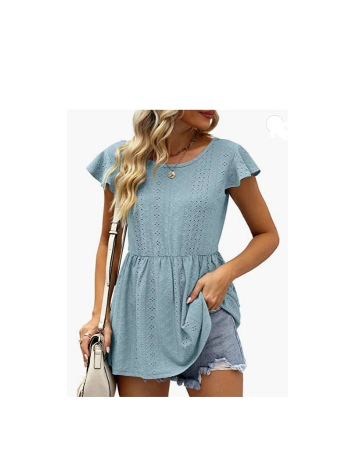 Loquat Summer New Women's Hollowed Oout Lotus Sleeve Waist Cinched Casual Blouse  - Image 1