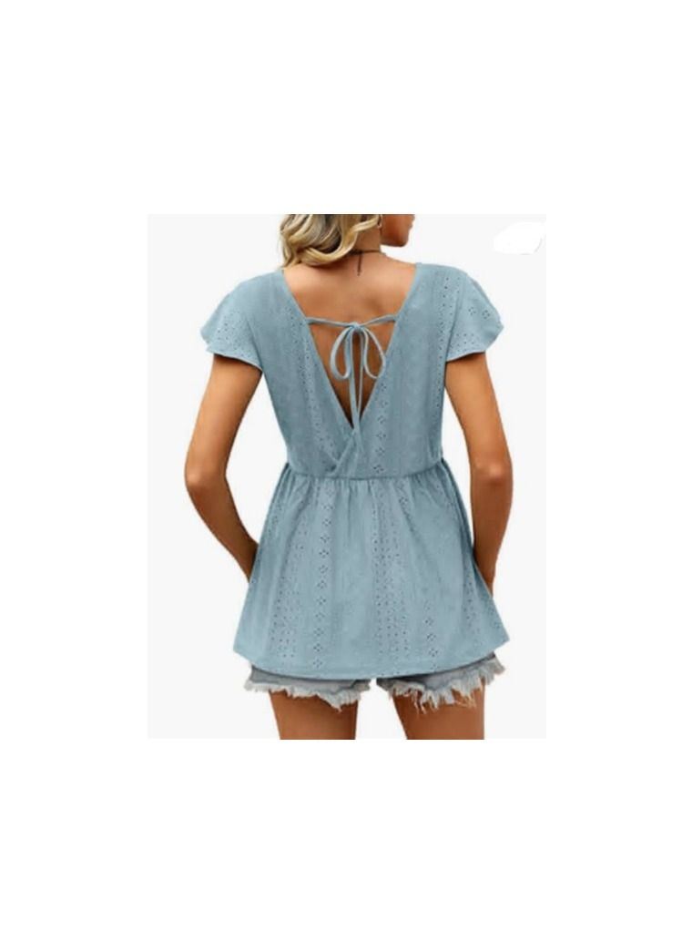 Loquat Summer New Women's Hollowed Oout Lotus Sleeve Waist Cinched Casual Blouse  - Image 2