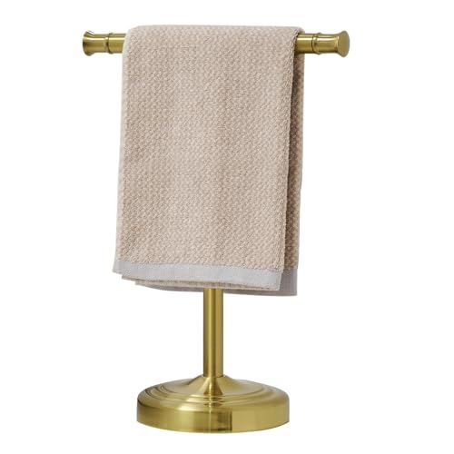 RUMOSE 13 Inch Brushed Gold Towel Stand Hand Towel Holder Bathroom Kitchen Vanity Countertop T-Shape Towel Rack Free Standing Stainless Steel Towel Bar Towel Ring - Image 1