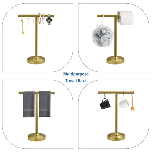 RUMOSE 13 Inch Brushed Gold Towel Stand Hand Towel Holder Bathroom Kitchen Vanity Countertop T-Shape Towel Rack Free Standing Stainless Steel Towel Bar Towel Ring - Image 3