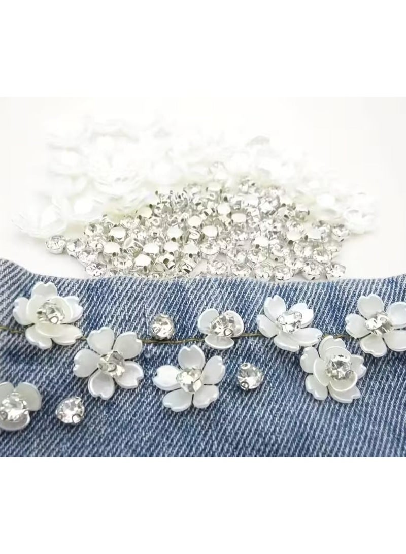 Elly'home - 100pcs - Off White Buttons, 3D Rhinestone Flower Appliques, Silver Diamonds, Beads for Abaya, Wedding Dress, Nail Art & DIY Clothing - Image 1
