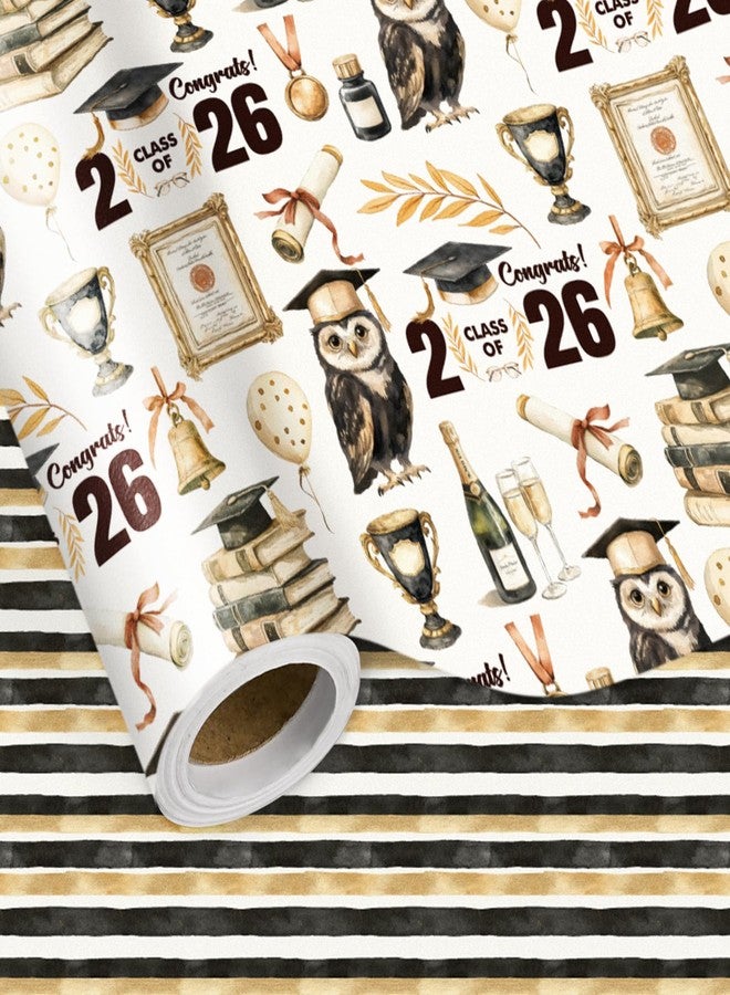 LeZakaa Graduation Wrapping Paper Roll, Reversible Class of 2026 Gift Wrap, Elegant Graduation Design with Vintage Stripe Pattern, High School and College Graduation Gifts, Mini Roll, 17in x 16.4 ft - Image 1