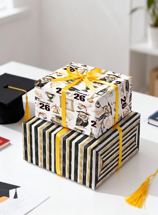 LeZakaa Graduation Wrapping Paper Roll, Reversible Class of 2026 Gift Wrap, Elegant Graduation Design with Vintage Stripe Pattern, High School and College Graduation Gifts, Mini Roll, 17in x 16.4 ft - Image 2
