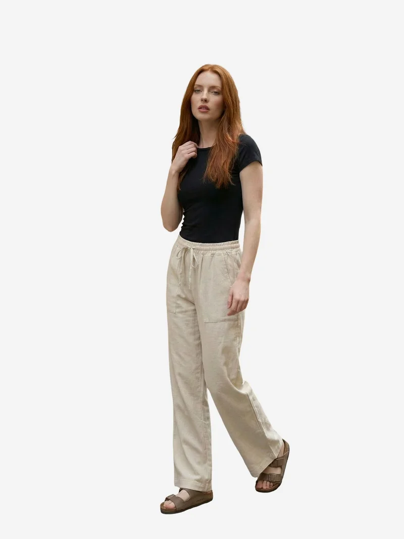 My Fashion Oatmeal Natural MY FASHION Women's wide-leg linen-blend trousers for Women | Best Price UAE