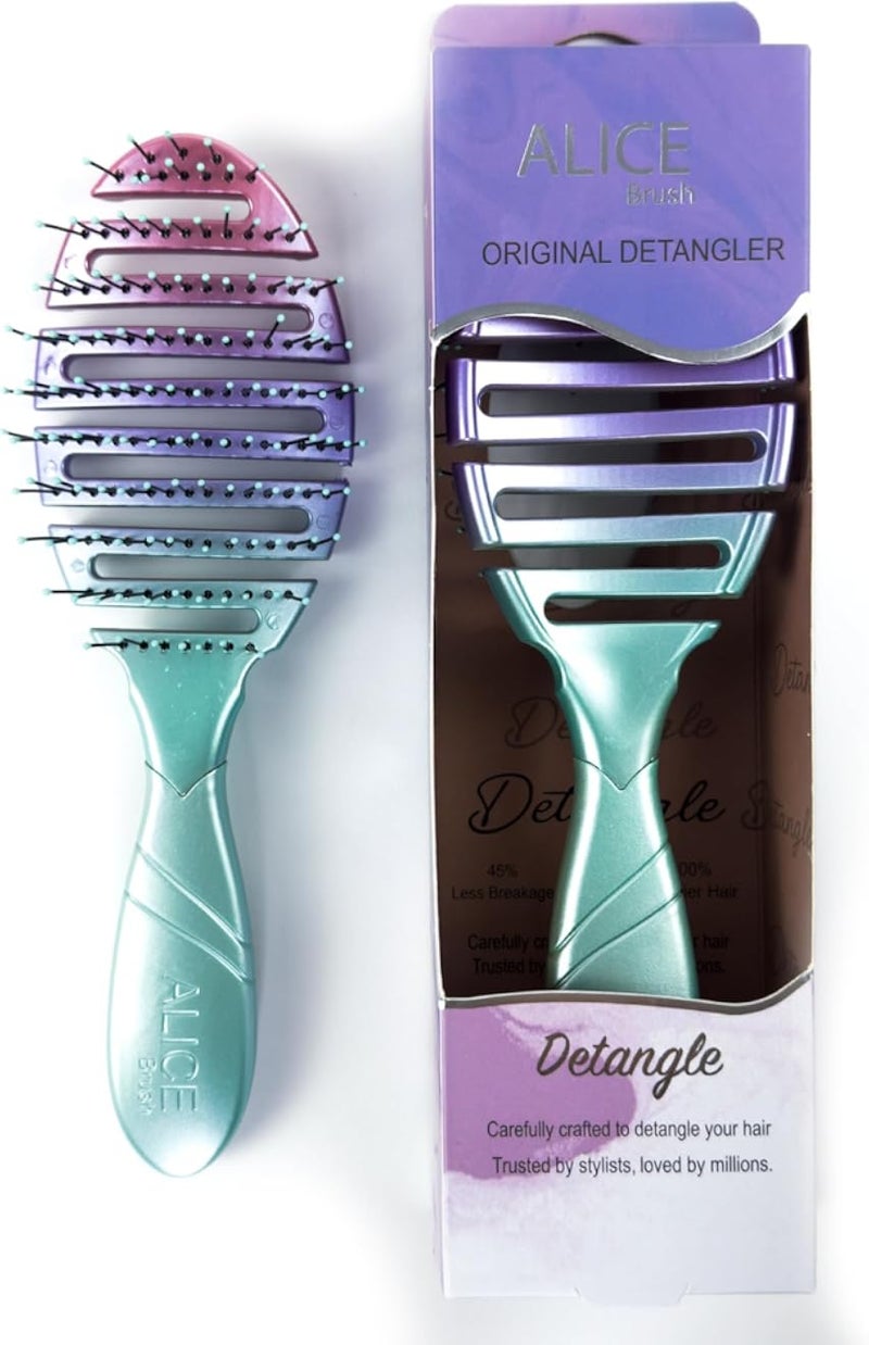 فرشاة فك تشابك الشعر الأصلية من أليس - تصميم مريح منحني مع شعيرات ناعمة ومرنة، لون متدرج، للشعر الرطب والجاف (وردي، بنفسجي، ونعناع متدرج)