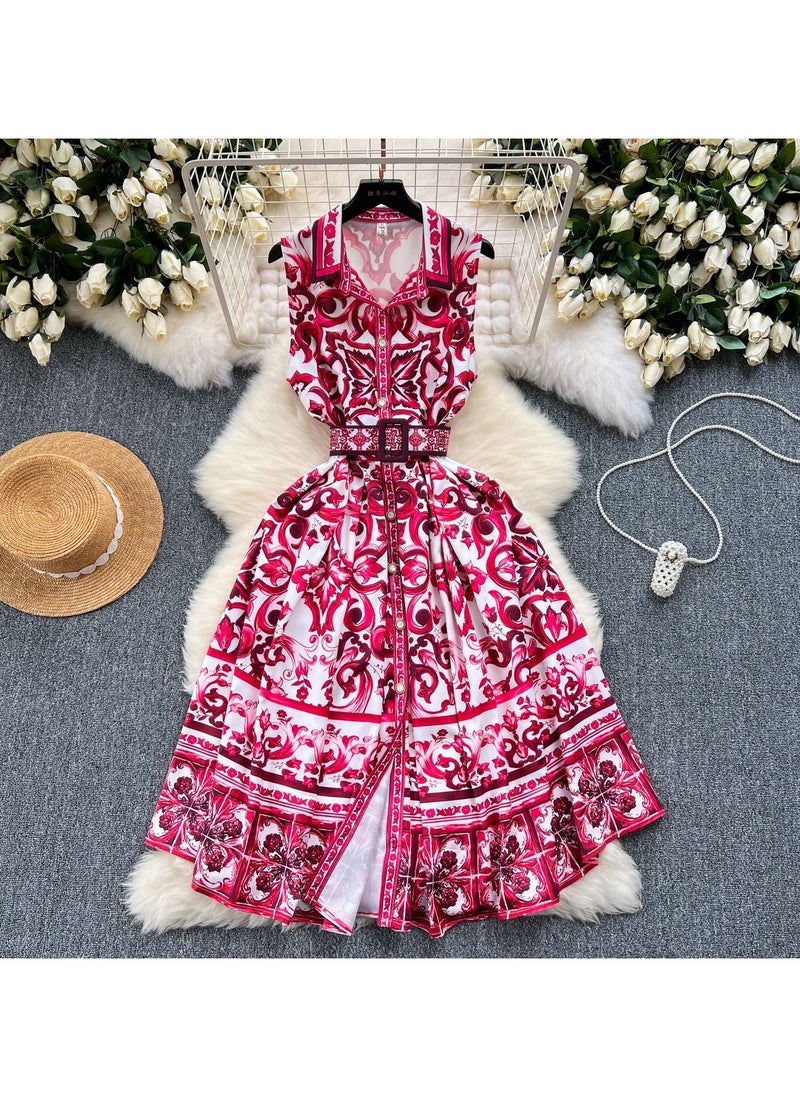 KUYING Retro Court Style Sleeveless Waist Cinching Slimming Printed Dress  - Image 1