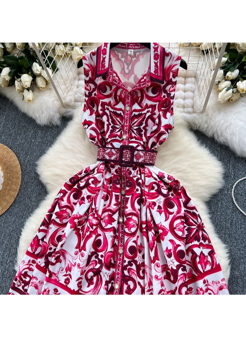 KUYING Retro Court Style Sleeveless Waist Cinching Slimming Printed Dress  - Image 2