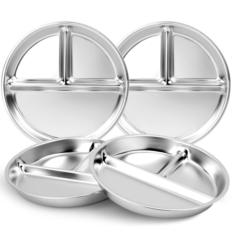 Bakpoco Stainless Steel Kids Plates 4 Packs, Deepened 9" Portion Control Plate Divided Plate for Toddlers Adults Family Bariatric Weight Loss & Diabetic Diet, Non Toxic Unbreakable Dinner Dishes - Image 1