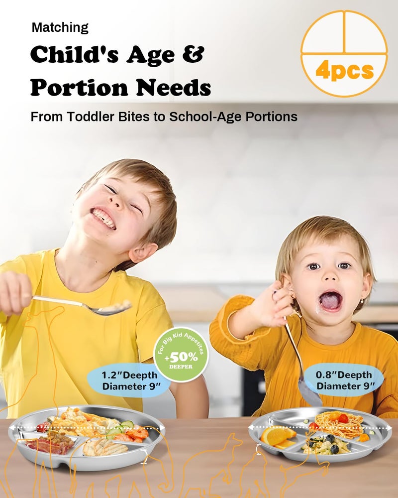 Bakpoco Stainless Steel Kids Plates 4 Packs, Deepened 9" Portion Control Plate Divided Plate for Toddlers Adults Family Bariatric Weight Loss & Diabetic Diet, Non Toxic Unbreakable Dinner Dishes - Image 2
