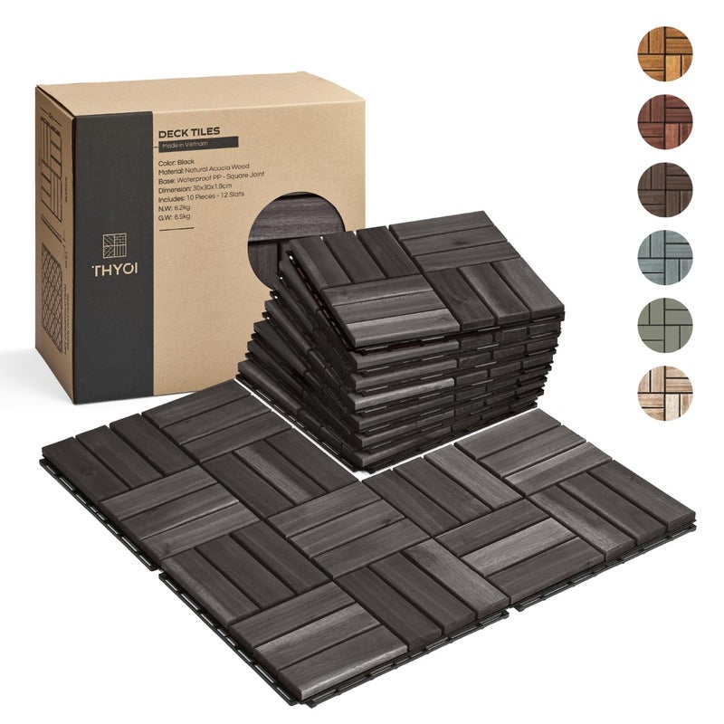 THYOI 10 Pcs Deck Tiles Patio Flooring Outdoor Waterproof Acacia Wood Tiles for All Weather Use Balcony Backyard Indoor Outdoor Black Crossed Pattern 10 Square Ft