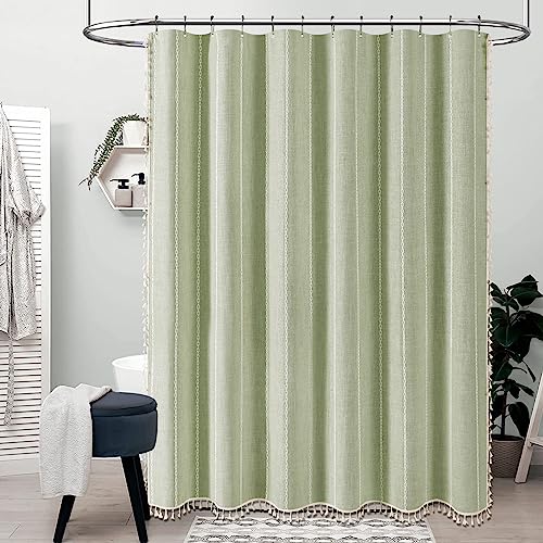 BTTN Sage Green Farmhouse Shower Curtain, Boho Linen Striped Heavy Duty Fabric Shower Curtain Set with Tassel, Bohemian Country Thick Shower Curtain for Bathroom, Wrinkle Free, Water Repellent, 72x72 - Image 2