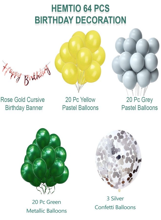 Hemito 64 Pieces Happy Birthday Decoration Kit Yellow Grey Green Balloon with Paper Birthday Banner, Confetti Balloons |Birthday Decoration Item - Image 2
