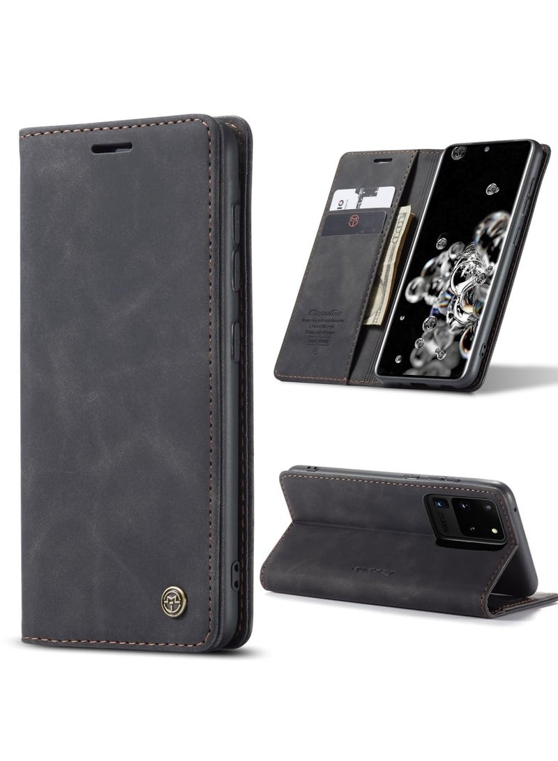 CaseMe Phone Case Luxury PU Leather Design 013 Flip Cover Card Slot Holder Cover For Samsung Galaxy S20 Ultra (Black) - Image 1