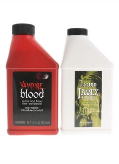 Liquid Latex Fashions Fake Blood and Liquid Latex 16 Oz - Combo Kit - for Adults and Kids, Vampire Blood, Ideal for Artwork, Theater and Cosplays, 2 Full Pints  - Image 1