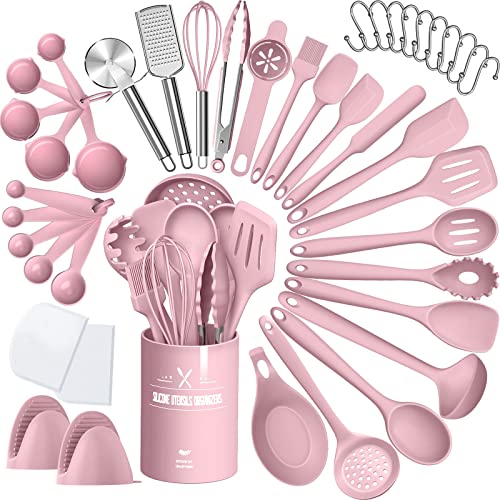AIKKIL Silicone Cooking Kitchen Utensil Set, AIKKIL 43 Pcs Pink Cooking Utensils Set, Turner, Tongs, Spoon, Spatula, Kitchen Gadgets Tools Set For Nonstick Cookware, Heat Resistant (Dishwasher, BPA Free) - Image 1