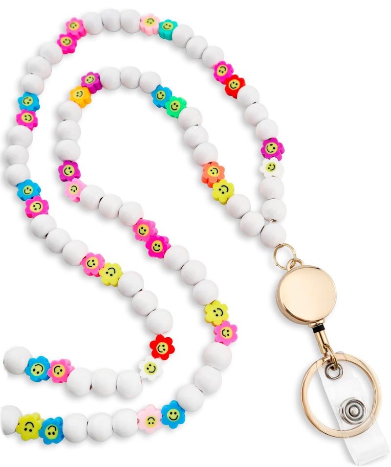 MyfavoriteK Smile Cute Teacher Lanyard for Women with Retractable ID Badge Reel Chain and Keychain Beaded Lanyards For Keys (White) - Image 1