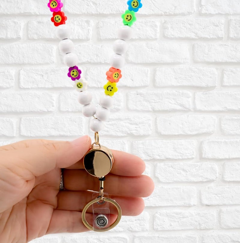 MyfavoriteK Smile Cute Teacher Lanyard for Women with Retractable ID Badge Reel Chain and Keychain Beaded Lanyards For Keys (White) - Image 2