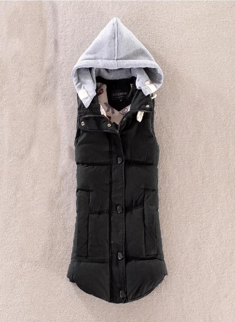 Eckek - Women Vest Warm Sleeveless Jacket Cotton Solid Hooded Vest for Outerwear - Image 1
