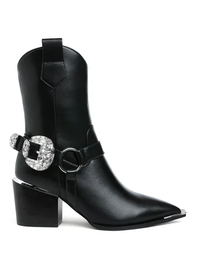 London Rag Diamante Embellished Pin Buckle Boots in Black