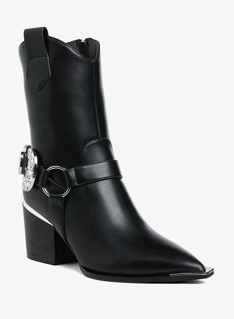 London Rag Diamante Embellished Pin Buckle Boots in Black