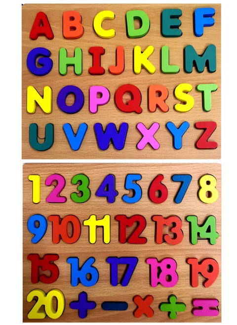CRAFT MAGIC 51 Pieces of Wooden Board Learning Toy A to Z Alphabet, 1 to 20 Counting Numbers, Educational Activity Game for Kids (Set of 2)