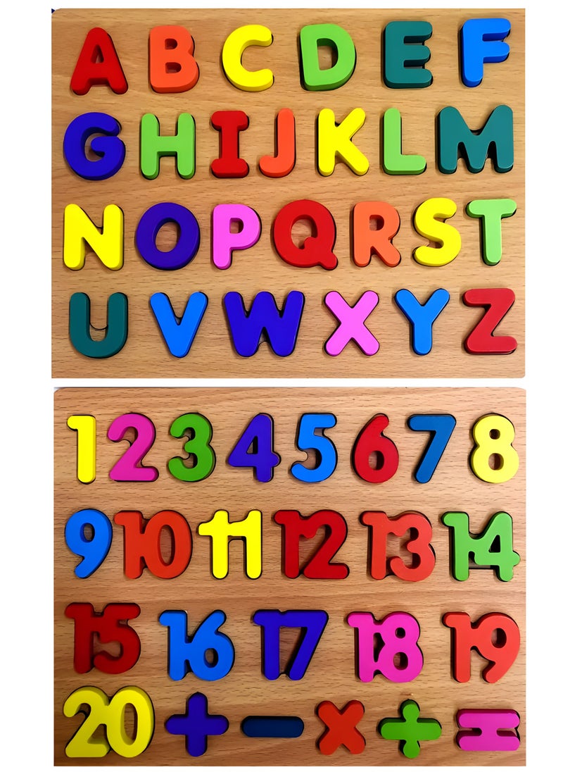 CRAFT MAGIC 51 Pieces of Wooden Board Learning Toy A to Z Alphabet, 1 to 20 Counting Numbers, Educational Activity Game for Kids (Set of 2)
