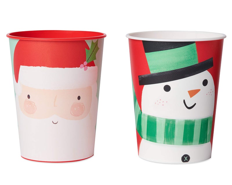 American Greetings 8Count 16 oz Reusable Plastic Cups Santa and Snowman Christmas Party Supplies