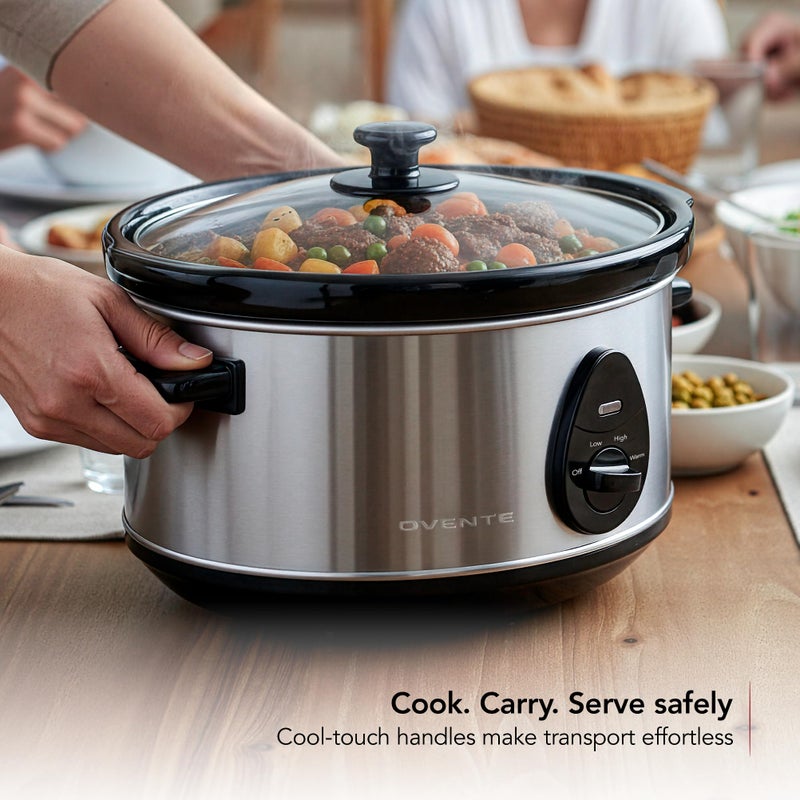 OVENTE Electric Slow Cooker with 3 Cooking Settings, Non-Stick and Dishwasher Safe Stoneware, Stainless Steel Body, Glass Lid, 3.7 Qt Oval Pot for Entrees, Soups, Sauces, Stews & Dips, Silver SLO35ABR - Image 5