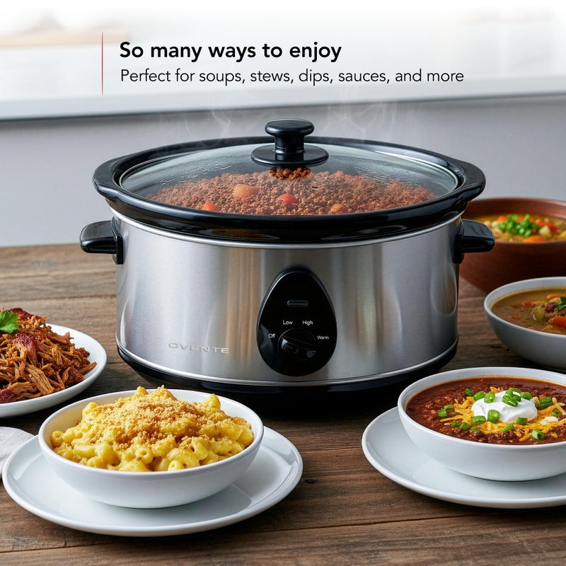 OVENTE Electric Slow Cooker with 3 Cooking Settings, Non-Stick and Dishwasher Safe Stoneware, Stainless Steel Body, Glass Lid, 3.7 Qt Oval Pot for Entrees, Soups, Sauces, Stews & Dips, Silver SLO35ABR - Image 3