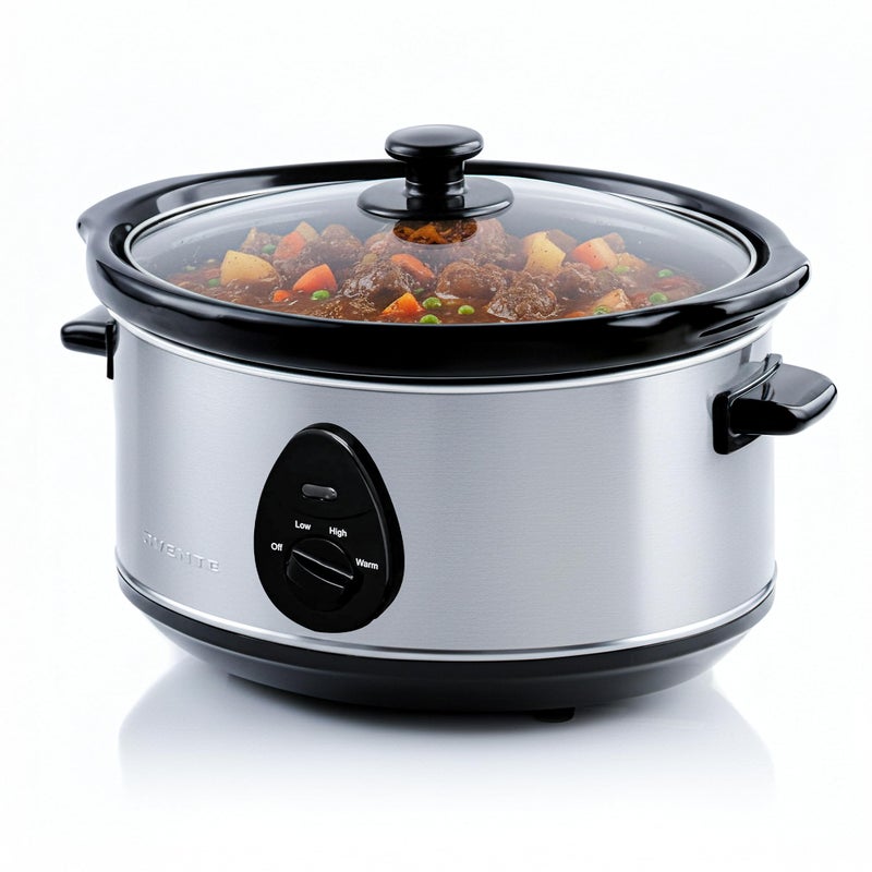 OVENTE Electric Slow Cooker with 3 Cooking Settings, Non-Stick and Dishwasher Safe Stoneware, Stainless Steel Body, Glass Lid, 3.7 Qt Oval Pot for Entrees, Soups, Sauces, Stews & Dips, Silver SLO35ABR - Image 1