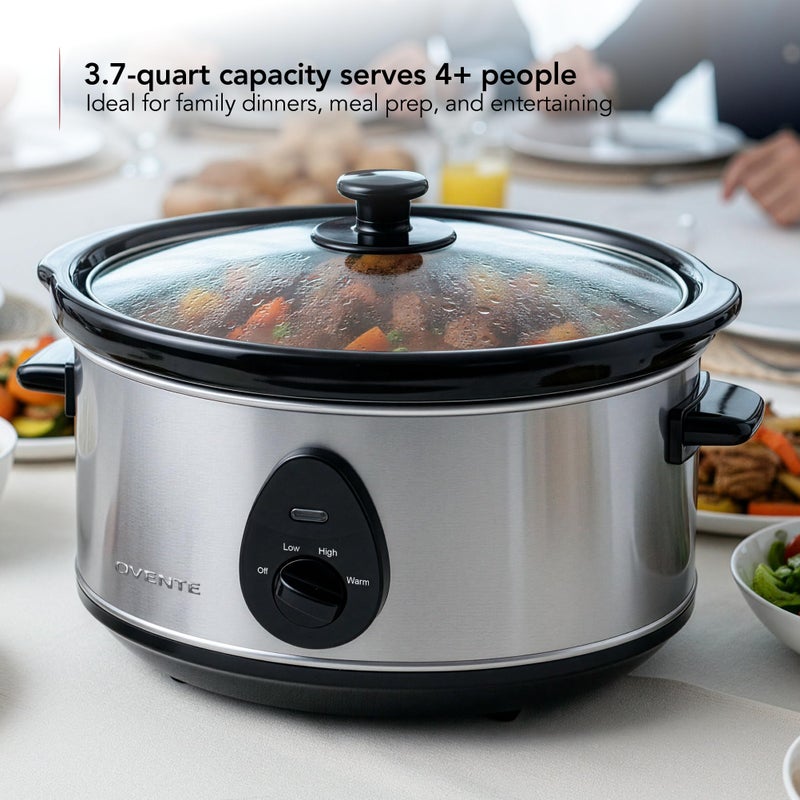 OVENTE Electric Slow Cooker with 3 Cooking Settings, Non-Stick and Dishwasher Safe Stoneware, Stainless Steel Body, Glass Lid, 3.7 Qt Oval Pot for Entrees, Soups, Sauces, Stews & Dips, Silver SLO35ABR - Image 2