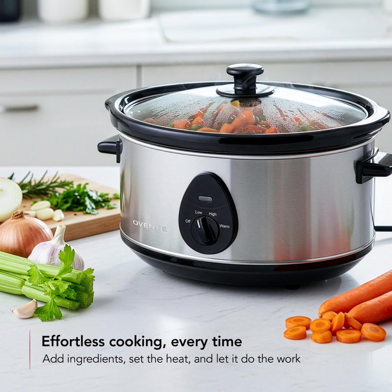 OVENTE Electric Slow Cooker with 3 Cooking Settings, Non-Stick and Dishwasher Safe Stoneware, Stainless Steel Body, Glass Lid, 3.7 Qt Oval Pot for Entrees, Soups, Sauces, Stews & Dips, Silver SLO35ABR - Image 4