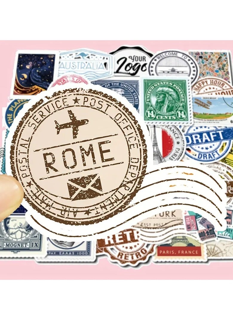 Goolsky 50pcs Vintage Travel Stamp Stickers, Graffiti Decoration Stickers, Waterproof Vinyl Stickers, For Water Bottle Car Cup Computer Guitar Bike Motorcycle Skateboard Helmet Luggage Diary, DIY Scrapbook Stickers Pack, Gift For Boys & Girls  - Image 1
