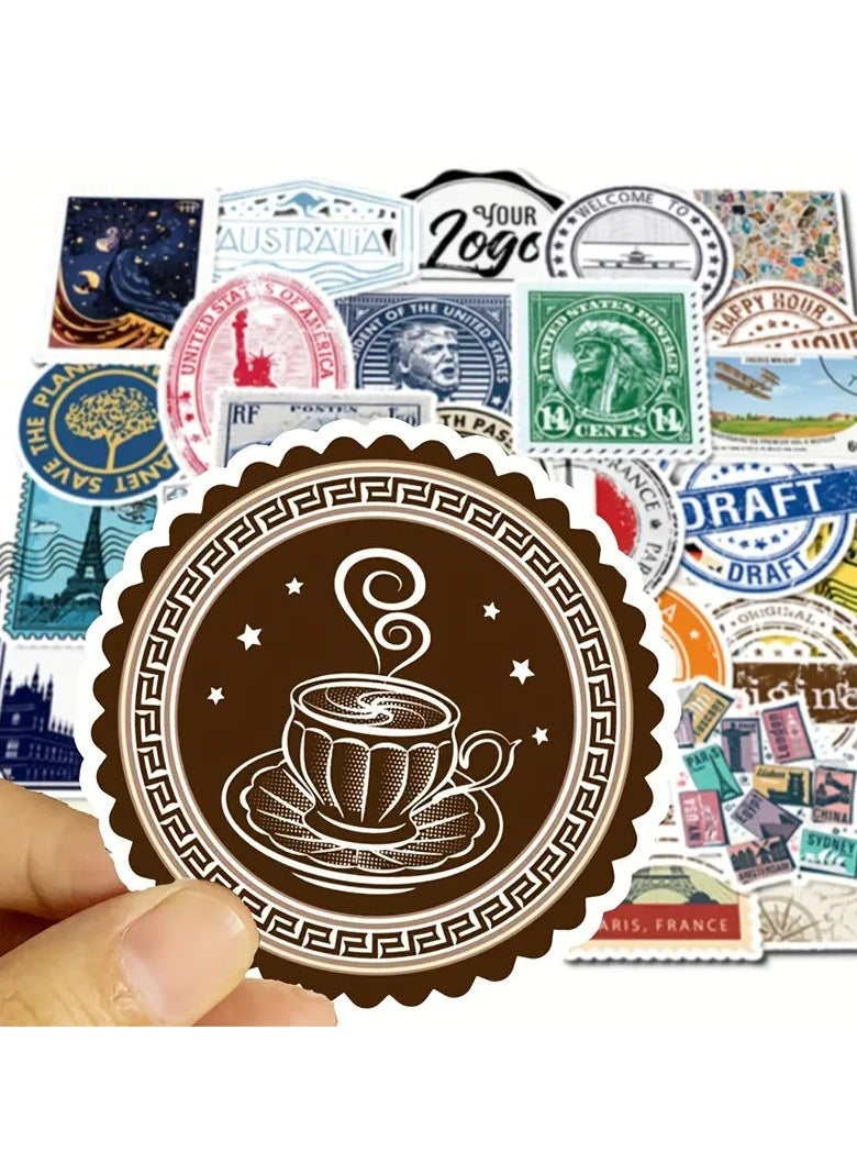 Goolsky 50pcs Vintage Travel Stamp Stickers, Graffiti Decoration Stickers, Waterproof Vinyl Stickers, For Water Bottle Car Cup Computer Guitar Bike Motorcycle Skateboard Helmet Luggage Diary, DIY Scrapbook Stickers Pack, Gift For Boys & Girls  - Image 3
