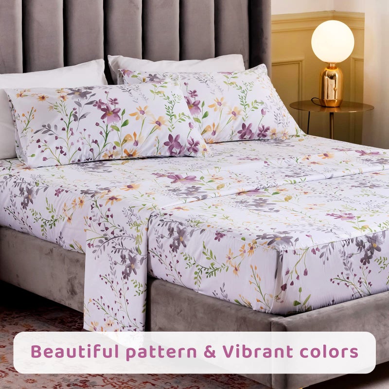 QSH 100% Egyptian Cotton Cal King Sheets, Yellow Flower Plant Pattern Botanical Luxury Cotton Printed Flower California King Bedding Sheets, 4pcs Deep Pocket California King Floral Bed Sheet Set - Image 5