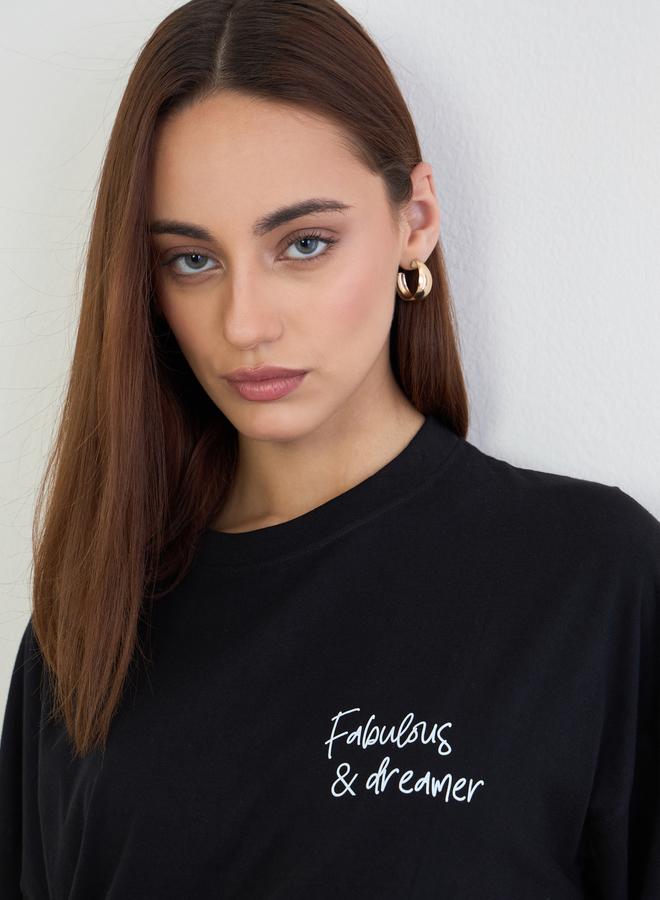 Styli Black Slogan Print Oversized T-Shirt - Image 4
