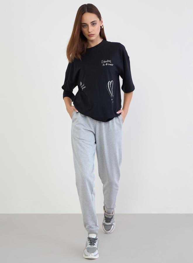 Styli Black Slogan Print Oversized T-Shirt - Image 2