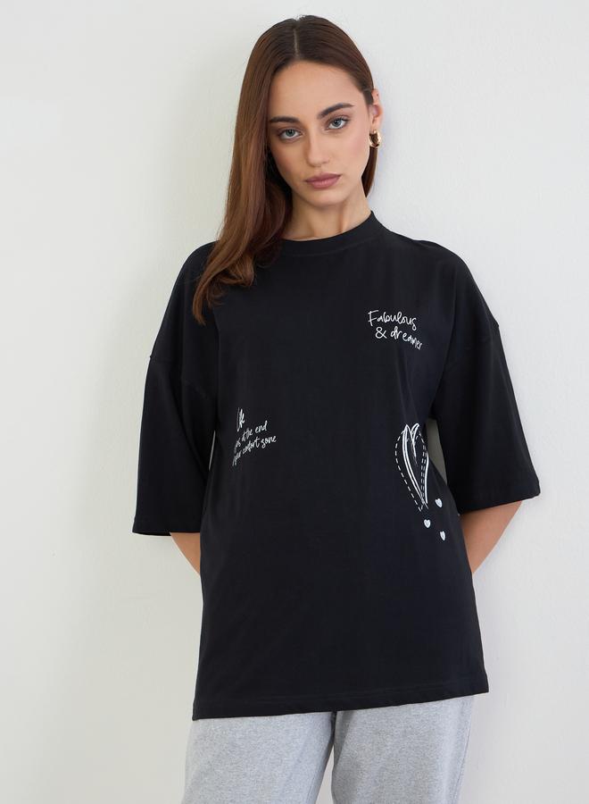 Styli Black Slogan Print Oversized T-Shirt - Image 3