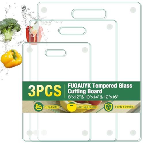 FUOAUYK 3 Size Tempered Glass Cutting Boards for Kitchen Counter FUOAUYK Dishwasher Safe Glass Cutting Board Non Toxic with Handle NonSlip Rubber Feet Heat Scratch Resistant8x12 10x14 12x16 - Image 1