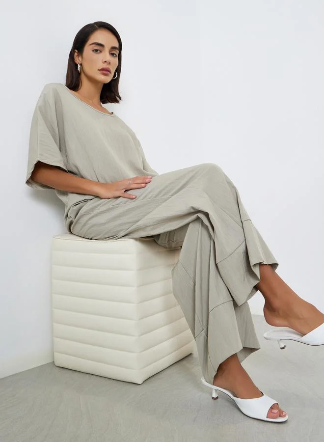 Amirah Beige Textured Blouse and Trousers Modest Set
