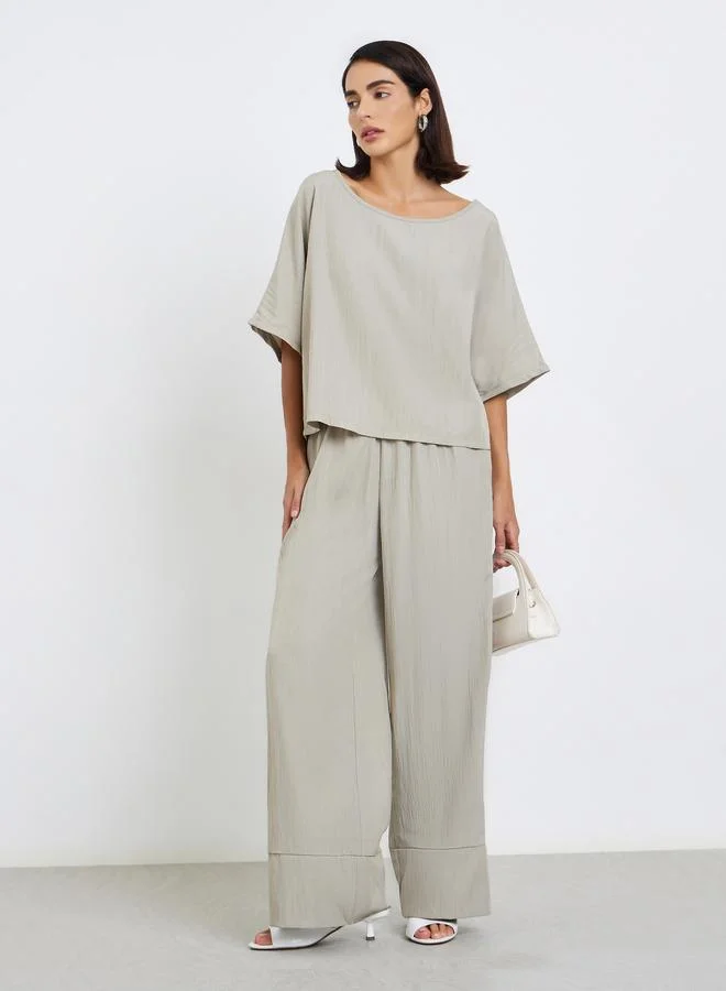 Amirah Beige Textured Blouse and Trousers Modest Set
